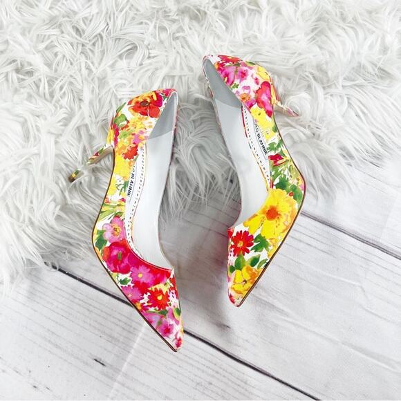 🆕 Manolo Blahnik Women's Bb Yellow Floral Print Pointed Toe‎ Pumps Size 36.5 - Picture 3 of 8